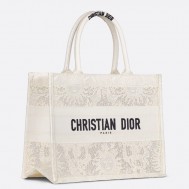 Dior Medium Book Tote Bag in White Toile de Jouy Soleil Macramé Embroidery