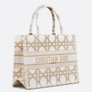 Dior Medium Book Tote Bag in White and Gold Macrocannage Embroidery