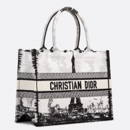 Dior Medium Book Tote Bag in White and Black Paris Embroidery