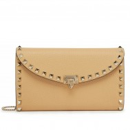 Valentino Rockstud Wallet with Chain in Beige Grained Leather
