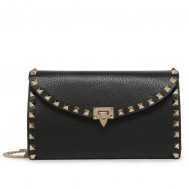 Valentino Rockstud Wallet with Chain in Black Grained Leather