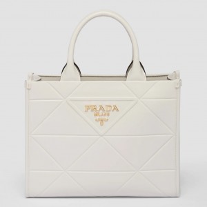 Prada Symbole Small Bag with Topstitching in White Leather