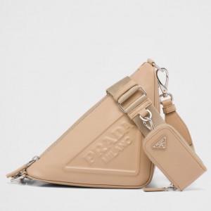 Prada Triangle Shoulder Bag In Beige Calfskin