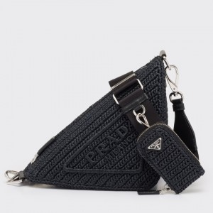 Prada Triangle Crochet Bag in Black Raffia-effect Yarn