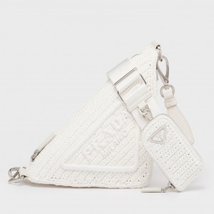 Prada Triangle Crochet Bag in White Raffia-effect Yarn