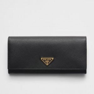 Prada Flap Continental Wallet in Black Saffiano Leather