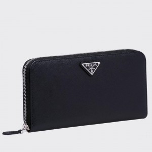 Prada Zip Around Wallet in Noir Saffiano Leather