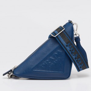 Prada Triangle Shoulder Bag In Blue Saffiano Leather