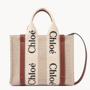 Chloe Small Woody Tote Bag in Canvas with Brown Leather Strips 