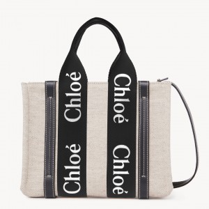 Chloe Small Woody Tote Bag in Canvas with Black Leather Strips 