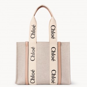 Chloe Medium Woody Tote Bag in Canvas with Beige Leather Strips