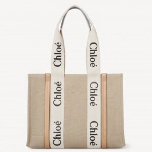 Chloe Woody Medium Tote Bag in Linen Canvas with Beige Leather