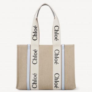 Chloe Woody Medium Tote Bag in Linen Canvas with Blue Leather