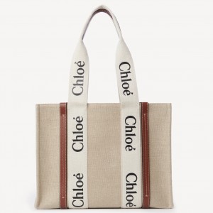 Chloe Woody Medium Tote Bag in Linen Canvas with Brown Leather