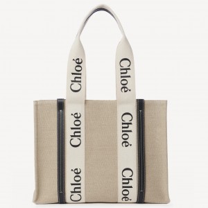 Chloe Woody Medium Tote Bag in Linen Canvas with Navy Blue Leather