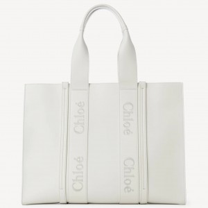 Chloe Woody Large Tote Bag In White Calfskin