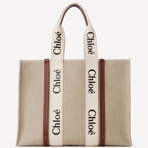 Chloe Woody Large Tote Bag in Linen Canvas with Brown Leather