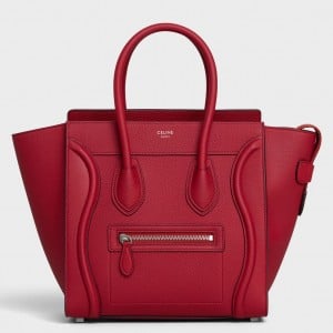 Celine Micro Luggage Tote Bag In Red Drummed Calfskin