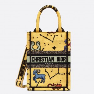 Dior Mini Book Tote Phone Bag In Yellow Pixel Zodiac Embroidery