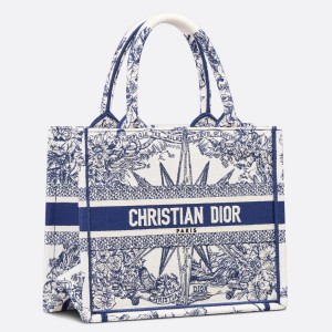 Dior Small Book Tote Bag In White & Blue Rêve d'Infini Embroidery