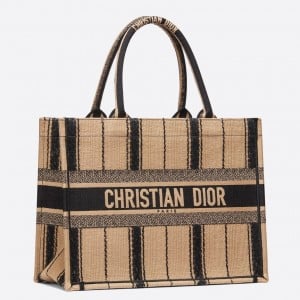 Dior Medium Book Tote Bag In Black and Beige Bayadère Embroidered