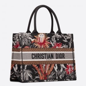 Dior Medium Book Tote In Black Camouflage With Multicolored Flowers