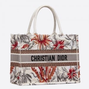 Dior Medium Book Tote In White Camouflage With Multicolored Flowers