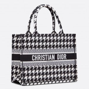 Dior Medium Book Tote Bag In Black Houndstooth Embroidery