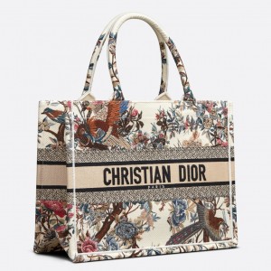 Dior Medium Book Tote Bag In White Jardin d'Hiver Embroidery