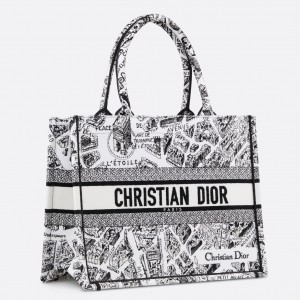 Dior Medium Book Tote Bag In White Plan de Paris Embroidery 