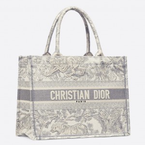 Dior Medium Book Tote Bag In Grey Toile De Jouy Embroidery