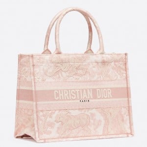 Dior Medium Book Tote Bag In Pink Toile De Jouy Embroidery