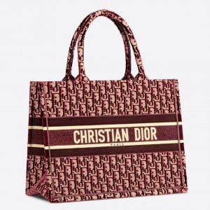 Dior Medium Book Tote Bag In Bordeaux Velvet Oblique Embroidered 