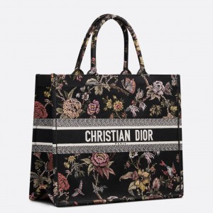 Dior Large Book Tote Bag In Black Jardin Botanique Embroidery