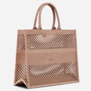Dior Large Book Tote Bag In Beige Mesh Embroidery