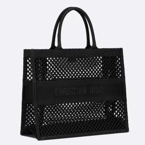 Dior Large Book Tote Bag In Black Mesh Embroidery