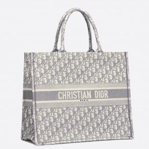 Dior Large Book Tote Bag In Grey Dior Oblique Embroidery