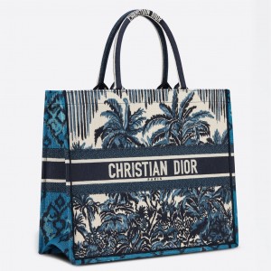 Dior Large Book Tote Bag In Blue Dior Palms Embroidery