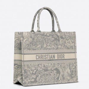 Dior Large Book Tote Bag In Gray Toile de Jouy Reverse Embroidery