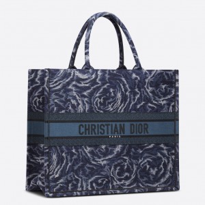 Dior Large Book Tote Bag In Blue Dior Roses Embroidery 