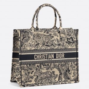 Dior Large Book Tote Bag In Blue Toile de Jouy Embroidery