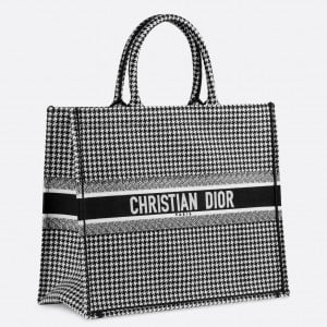 Dior Large Book Tote Bag In Houndstooth Embroidered Canvas