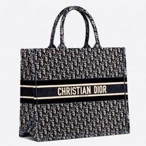 Dior Large Book Tote Bag In Blue Oblique Embroidered Velvet