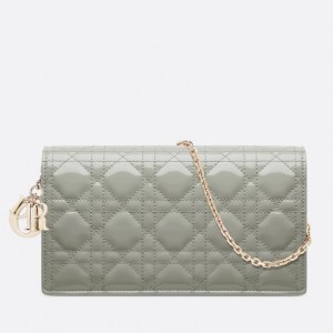 Dior Lady Dior Chain Pouch In Grey Patent Cannage Calfskin