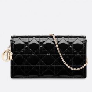 Dior Lady Dior Chain Pouch In Black Patent Cannage Calfskin