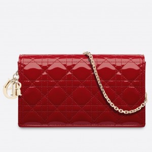 Dior Lady Dior Chain Pouch In Red Patent Cannage Calfskin