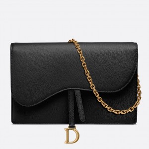 Dior Saddle Chain Pouch In Black Grained Calfskin
