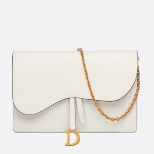 Dior Saddle Chain Pouch In White Grained Calfskin