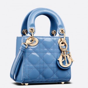 Dior Lady Dior Micro Bag In Blue Patent Cannage Calfskin