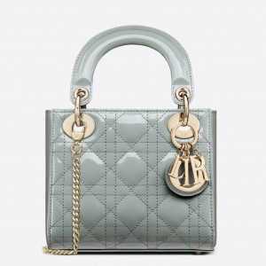 Dior Lady Dior Mini Chain Bag with Chain in Grey Patent Calfskin
